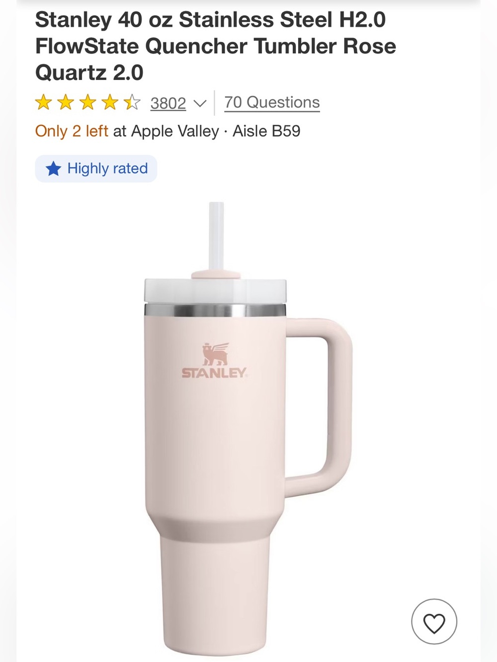 🌸 Stanley Stainless Steel H2.0 Tumbler, Rose Quartz